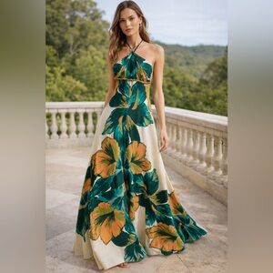 Halter Floral Maxi 100% Silk Dress in Emerald Green & Amber. Worn once.